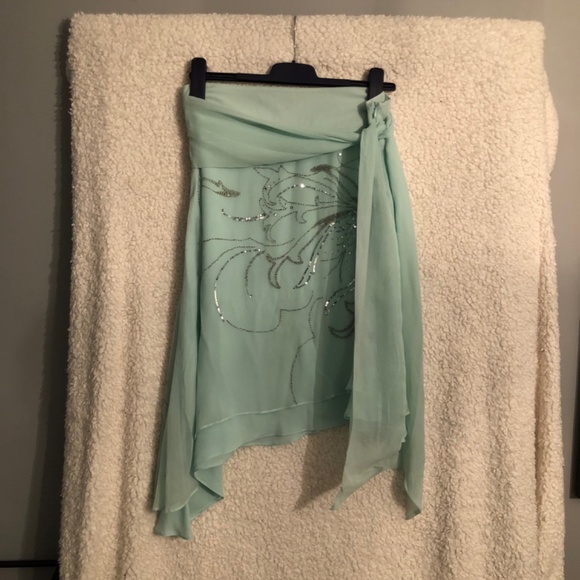 100% Silk Teal Asymmetric Skirt - Picture 5 of 6